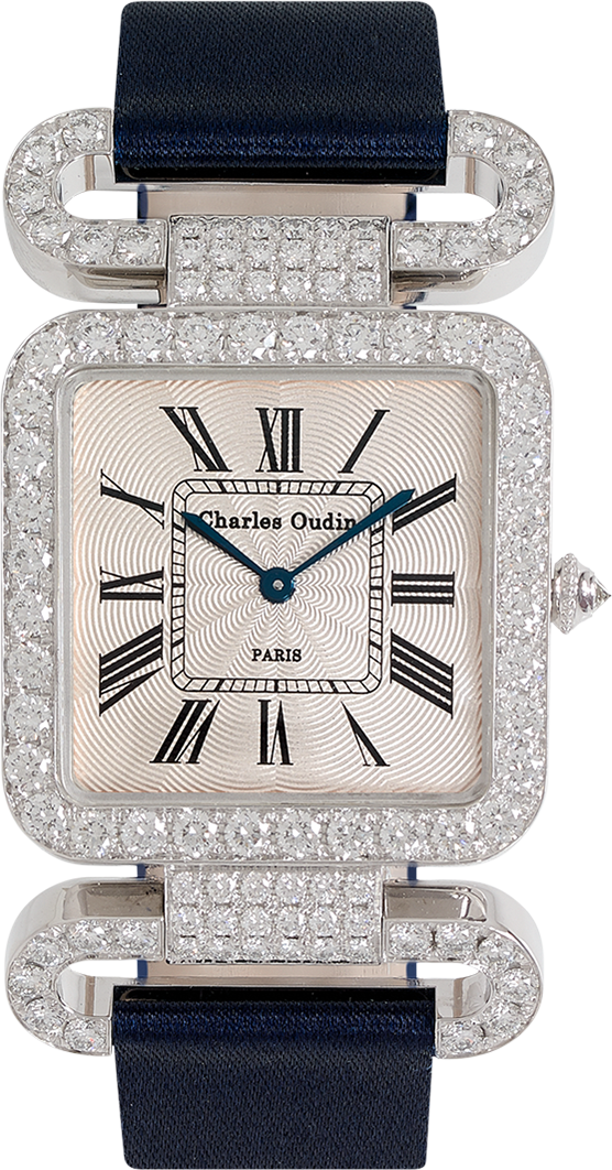 18K white gold Diamond set wristwatch of square shape with articulated diamond set lugs on top and bottom roman