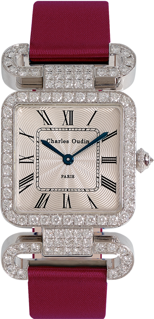 18K white gold Diamond set wristwatch of square shape with articulated diamond set lugs on top and bottom roman numerals Wine satin strap signed Charles Oudin Paris