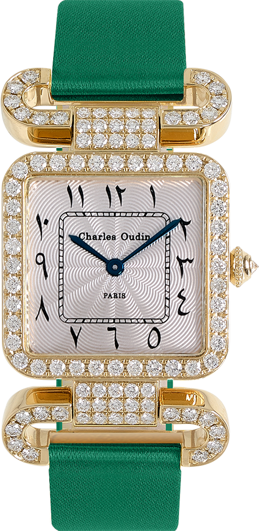 18K yellow gold Diamond set wristwatch of square shape with articulated diamond set lugs on top and bottom Arabic style dial with Hindu numerals Emerald satin strap signed Charles Oudin Pari