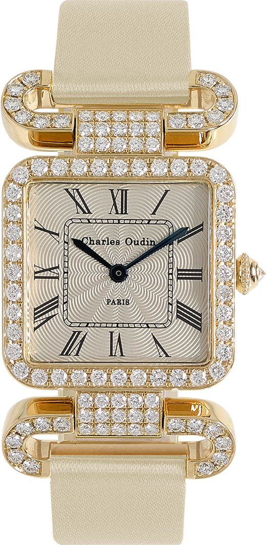18K yellow gold Diamond set wristwatch of square shape with articulated diamond set lugs on top and bottom Classic style dial with Roman numerals Beige satin strap signed Charles Oudin Paris