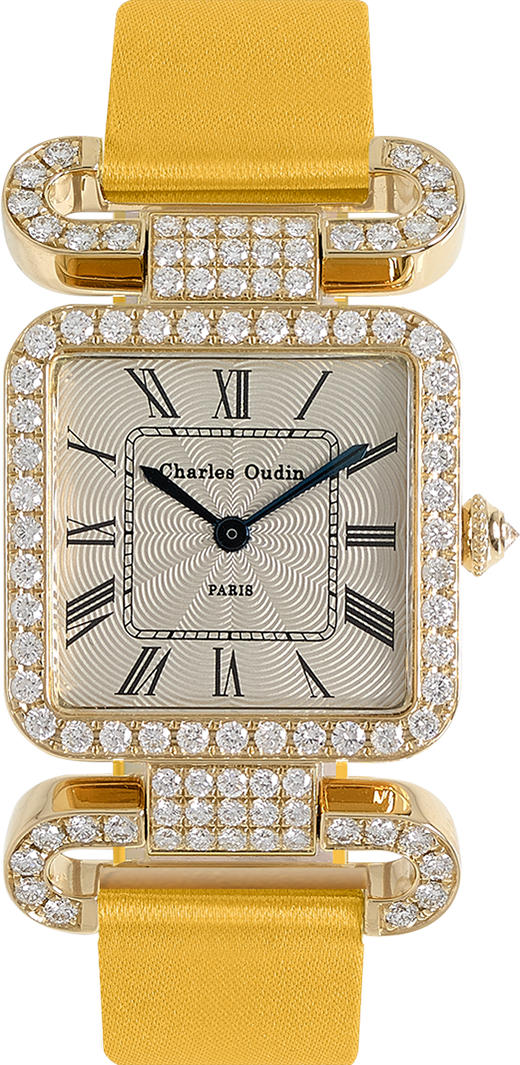 18K yellow gold Diamond set wristwatch of square shape with articulated diamond set lugs on top and bottom Classic style dial with Roman numerals Emerald satin strap signed Charles Oudin Paris