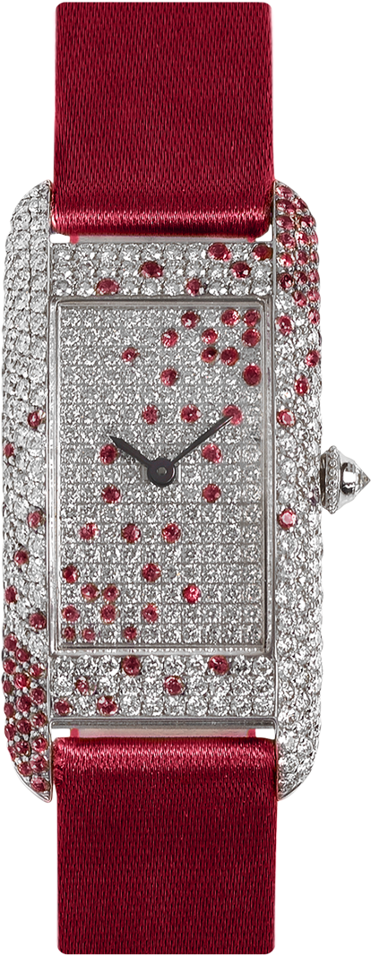 18K white gold rectangular case and dial set with diamond and rubies, red satin strap signed Charles Oudin Paris