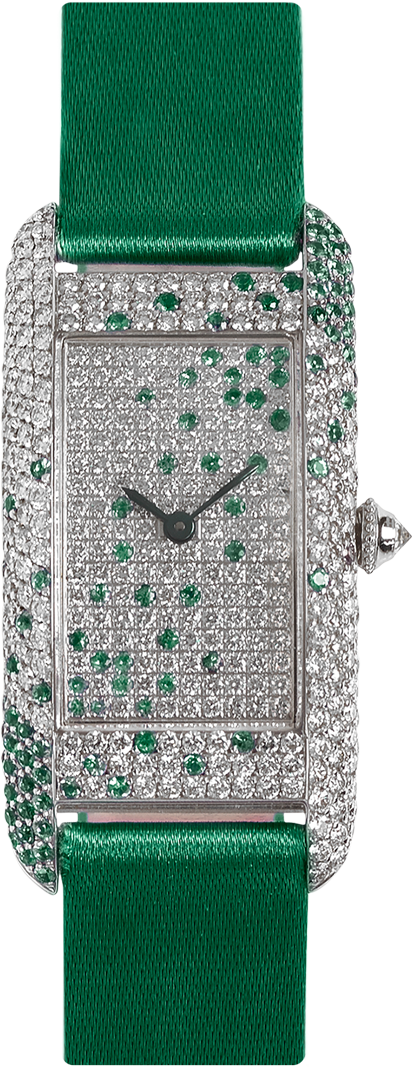 18K white gold Diamond set wristwatch of rectangular shape in diamond and emerald green satin strap signed Charles Oudin Paris