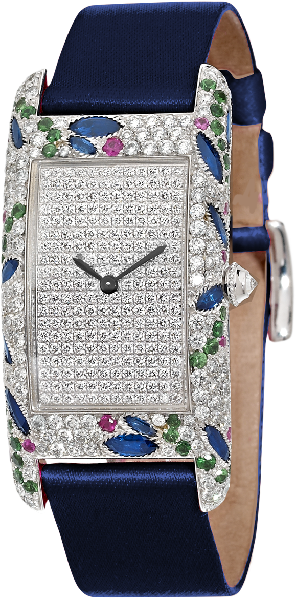 Amazone Curvex luxury watch in 18K white gold set with diamonds, pink and blue sapphires, tsavorites, blue satin strap by Charles Oudin Paris 8 place Vendome