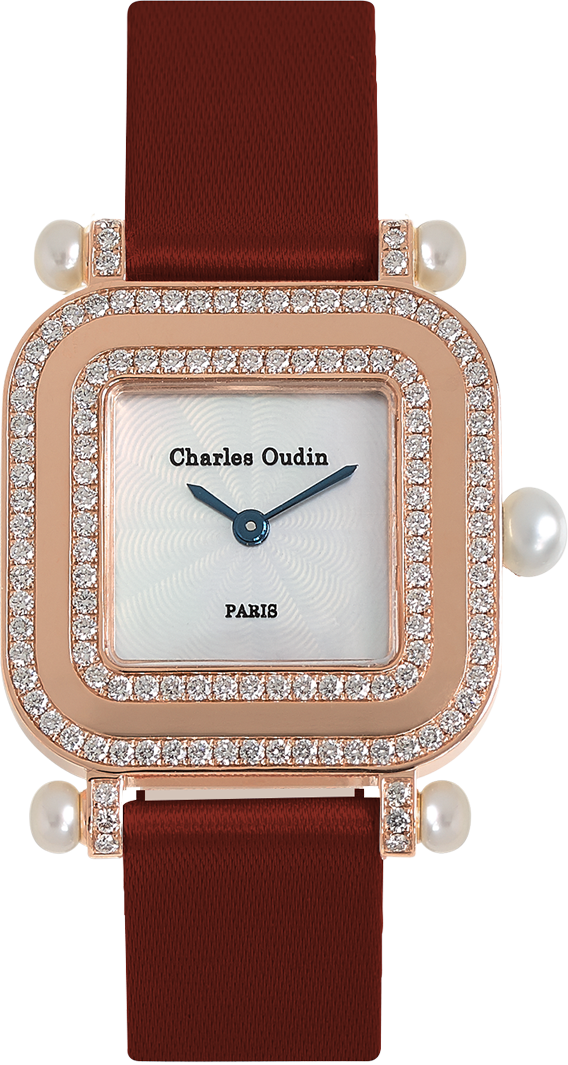 Chic and timeless, Pansy Miroir 18K rose gold square watch set with natural diamonds, mother of pearl dial and pearls, maroon satin strap by Charles Oudin Paris 8 place Vendôme Parisian watchmaker since 1797