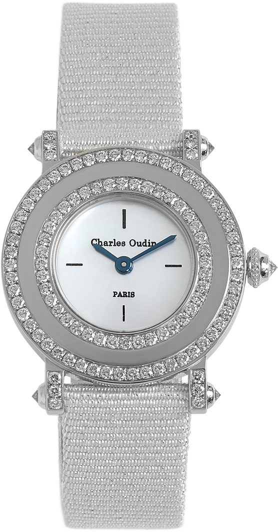 Classic and timeless, Aster Miroir diamond luxury watch mother of pearls dial, ciel satin strap by Charles Oudin Paris 8 place Vendôme Parisian watchmaker since 1797