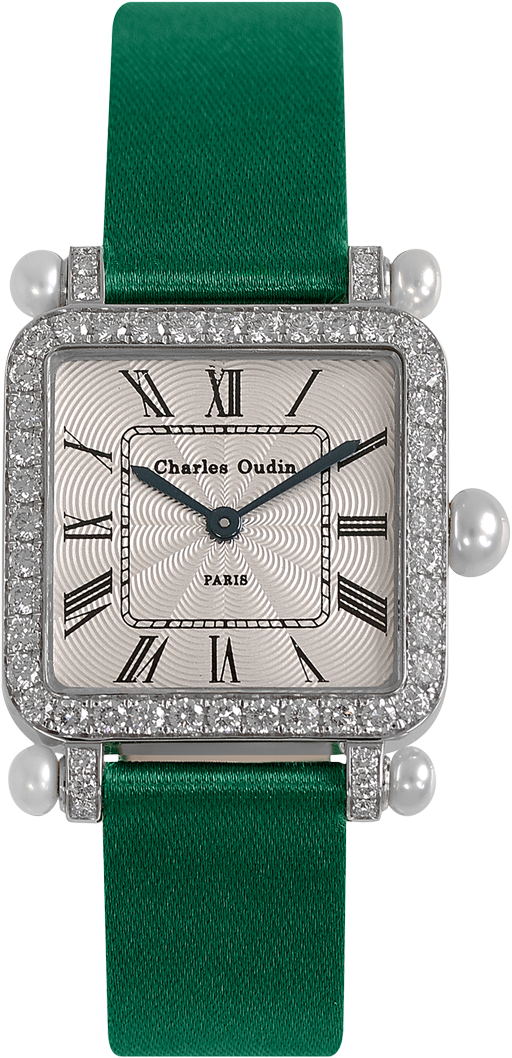Charles Oudin Pansy Retro with pearls 18K white gold set with diamonds, Emerald satin strap