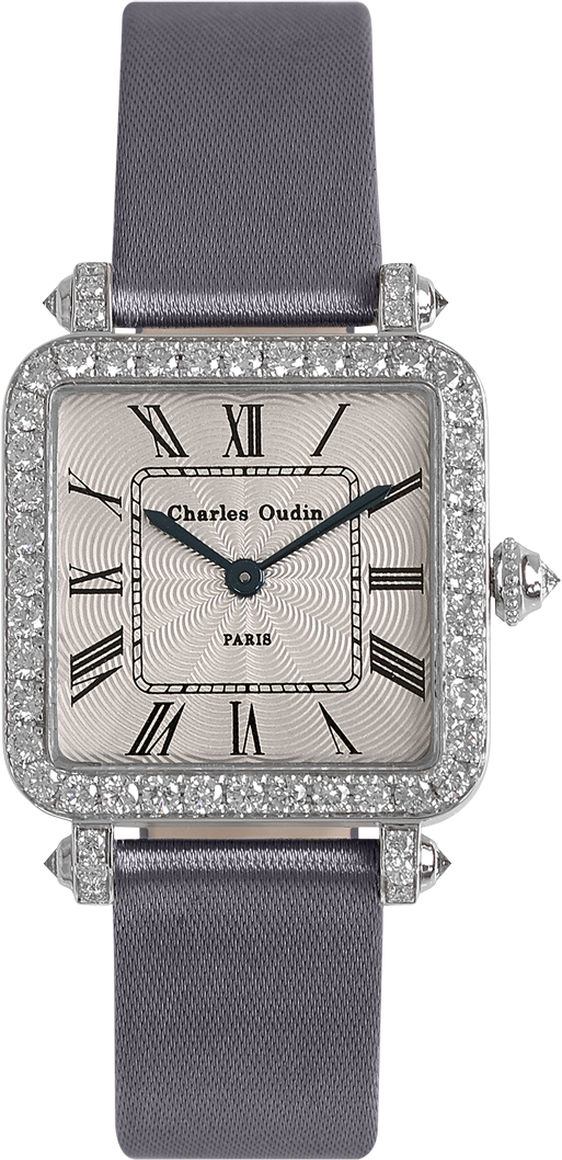 High-end jewelry watch for women Pansy Retro watch in 18K white gold set with diamonds, guilloche dial, grey satin strap by Charles Oudin Paris 8 place Vendôme