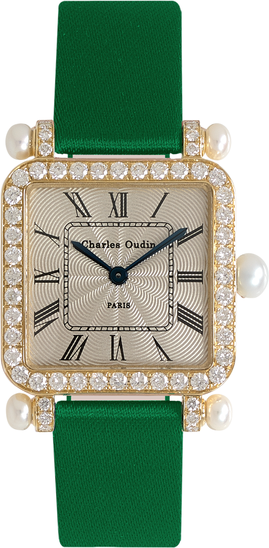 Charles Oudin Pansy Retro with pearls 18K yellow gold set with diamonds, Emerald satin strap