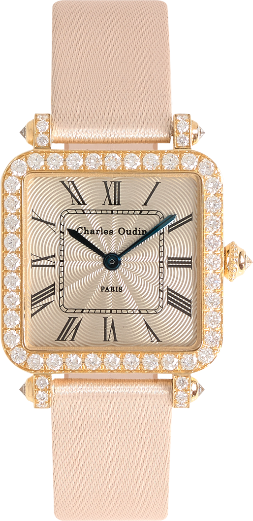 Pansy Retro watch in 18K yellow gold set with diamonds, 24mm guilloche dial, roman numeral, Beige satin strap by Charles Oudin Paris 8 place Vendome