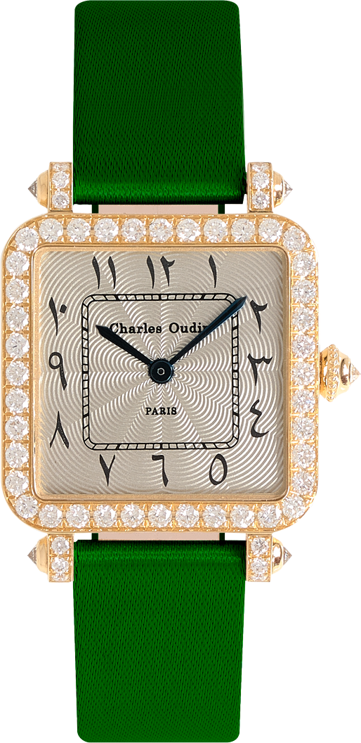Pansy Retro watch in 18K yellow gold set with diamonds, 24mm guilloche dial, roman numeral, green satin strap by Charles Oudin Paris 8 place Vendome