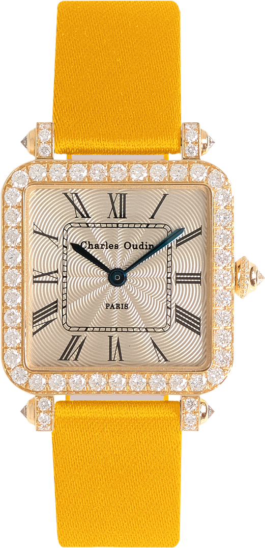 Pansy Retro watch in 18K yellow gold set with diamonds, guilloche dial, roman numeral, green satin strap by Charles Oudin Paris 8 place Vendome