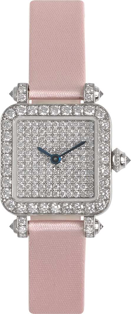 high-end jewelry watch for women Pansy Retro watch mini size in 18K white gold set with diamonds, diamond dial, pink satin strap by Charles Oudin Paris 8 place Vendôme