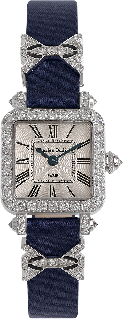 Mini Pansy Retro women luxury watch in 18K white gold set with diamonds, 20mm guilloche dial, navy satin strap and jewellery elements by Charles Oudin Paris 8 place Vendome