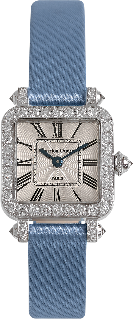 Mini Pansy Retro watch in 18K white gold set with diamonds, 20mm guilloche dial, dusty satin strap by Charles Oudin Paris 8 place Vendome