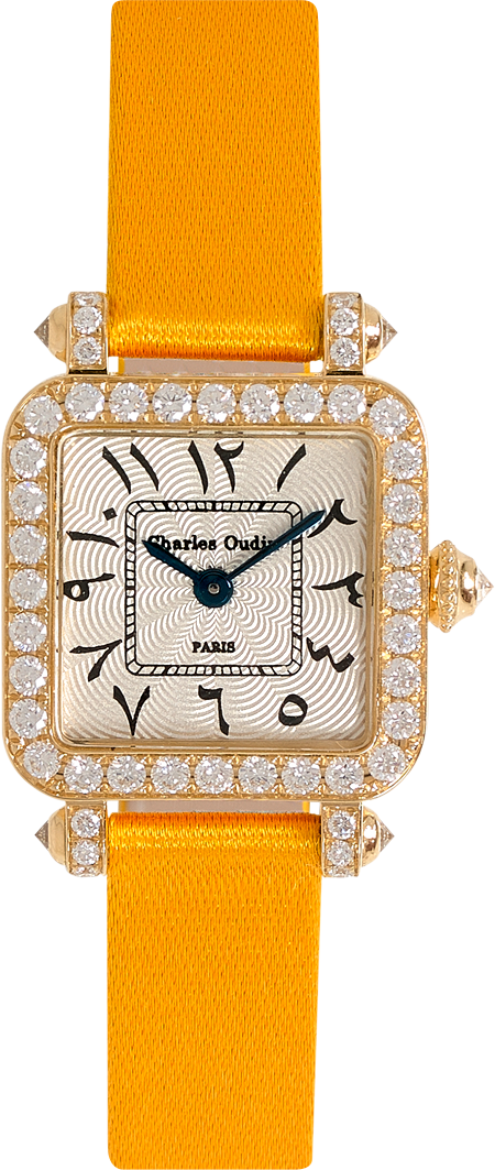 Mini Pansy Retro watch in 18K yellow gold set with diamonds, 20mm guilloche dial, Arabic style dial with hindu numeral, yellow satin strap by Charles Oudin Paris 8 place Vendome