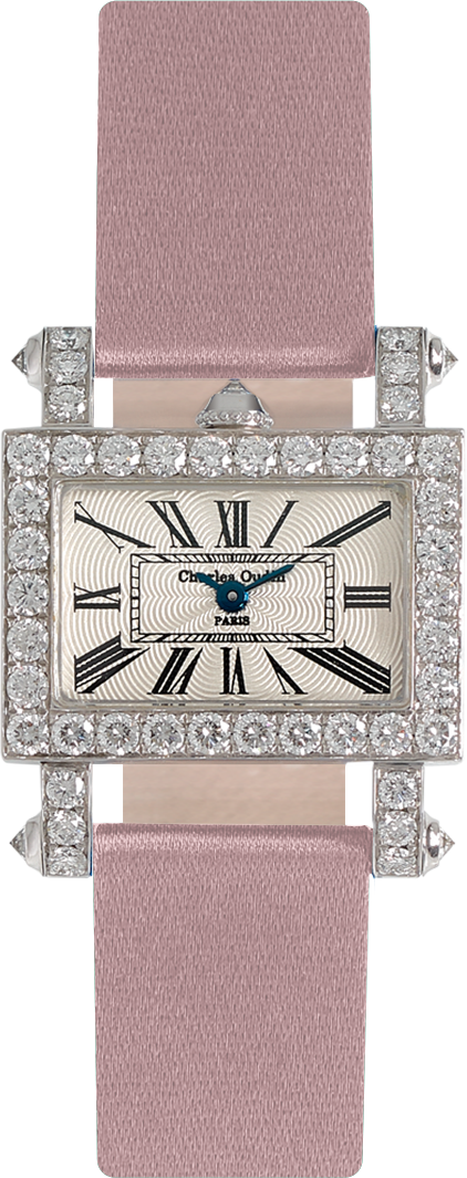Charles Oudin Lily-Horizon Retro Mini size 18K white gold rectangular women luxury watch set with diamonds, pink satin strap