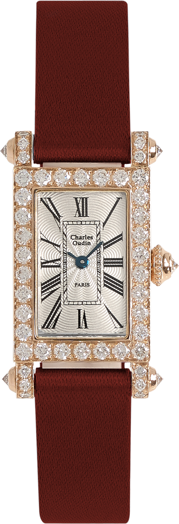 Charles Oudin Lily Retro Mini size 18K rose gold rectangular wacth set with sparkling diamonds, maroon Satin strap