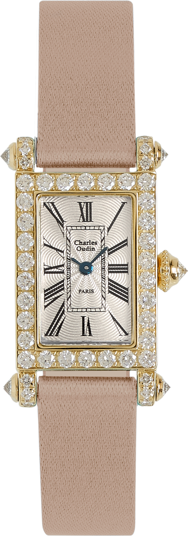 Charles Oudin Lily Retro Mini size 18K yellow gold rectangular watch set with sparkling diamonds, beige Satin strap