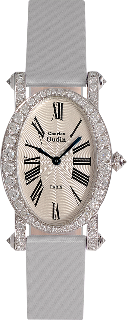 18K white gold Diamond set luxury wristwatch of oval shape Roman numerals Silver satin strap signed Charles Oudin Paris
