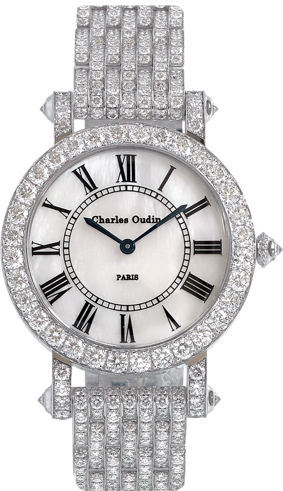 Charles Oudin Full Diamond round ASTER Retro woman luxury watch 18K white gold round watch set with diamonds, mother of pearl dial, diamond bracelet