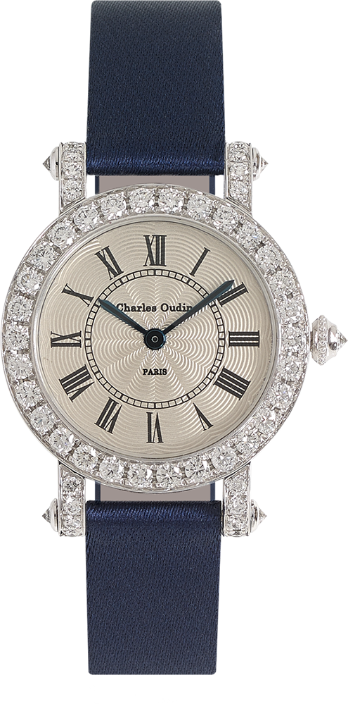 Charles Oudin ASTER Retro 18K white gold round watch set with diamonds, navy satin strap