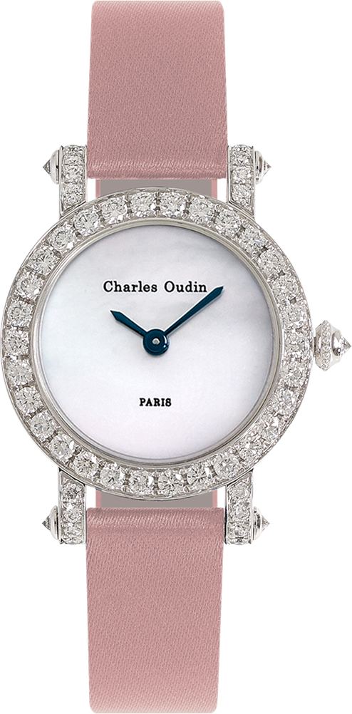 Charles Oudin mini Diamond round ASTER Retro woman luxury watch 18K white gold round watch set with diamonds, mother of pearl dial, pink satin strap