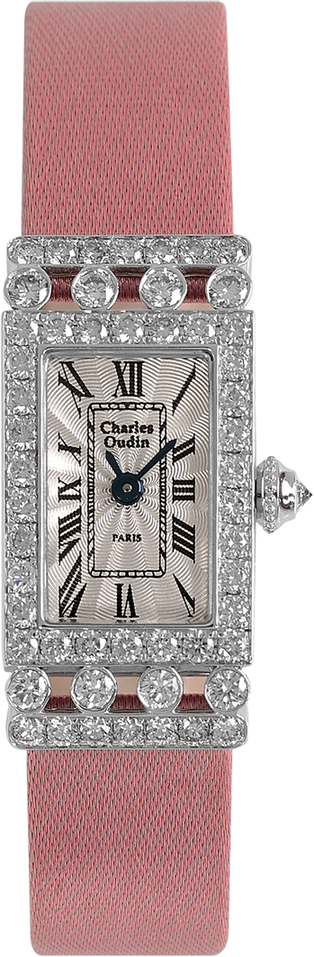 Charles Oudin luxury Lily-Rose Retro watch 18K white gold rectangular watch set with sparkling diamonds, baby pink Satin strap