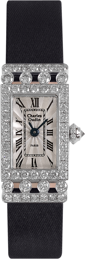 Charles Oudin Lily-Rose Retro Mini size 18K white gold rectangular watch set with sparkling diamonds, Black Satin strap