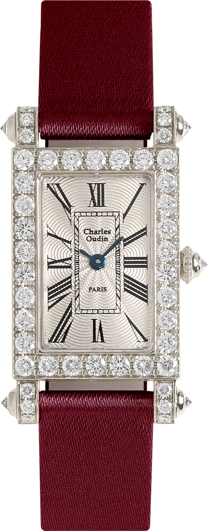 Charles Oudin Lily Retro Large size 18K yellow gold rectangular watch set with sparkling diamonds, beige Satin strap