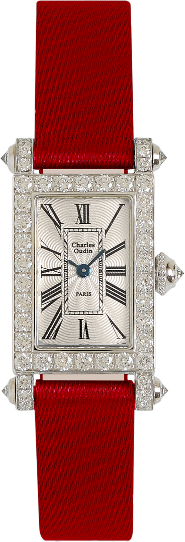 Charles Oudin Lily Retro Mini size 18K white gold rectangular women luxury watch set with sparkling diamonds, red satin strap