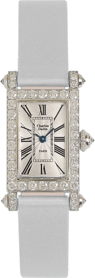 Charles Oudin Lily Retro Mini size 18K white gold rectangular set with sparkling diamonds, white Satin strap