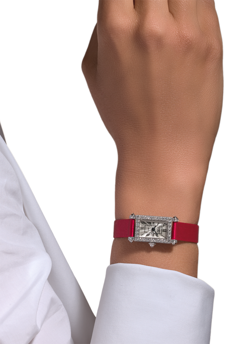 Charles Oudin Lily Retro Mini size 18K white gold rectangular watch set with sparkling diamonds, red Satin strap