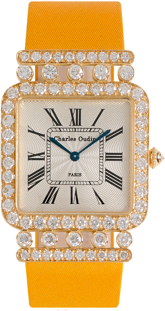 Charles Oudin Large Rose Retro watch 18K yellow gold diamonds, Yellow Satin strap