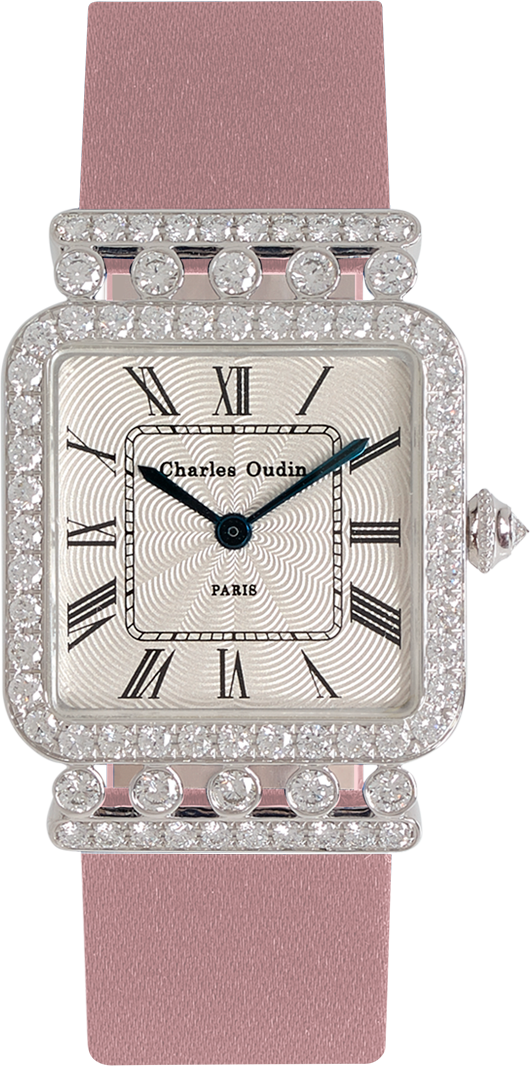 Charles Oudin Rose Retro Luxury jewellery watch 18K white gold diamonds, Dusty pink Satin strap