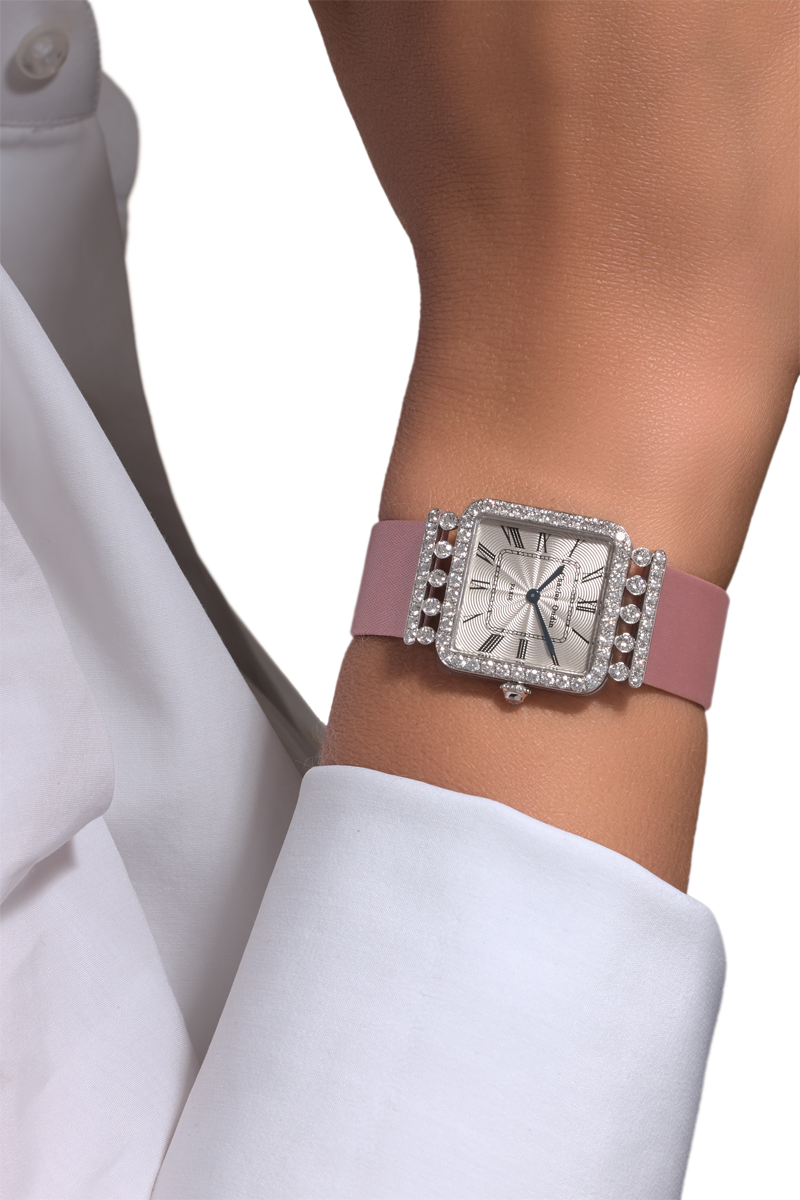 Charles Oudin Rose Retro watch 18K white gold diamonds, Dusty pink satin strap on a lady’s wrist