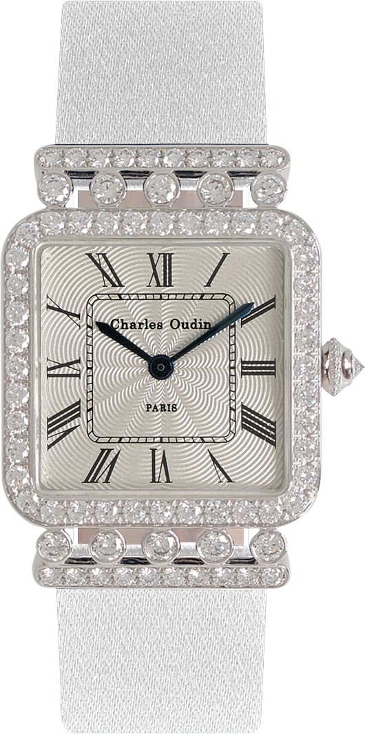 Charles Oudin luxury Rose Retro jewellery watch 18K white gold diamonds, white Satin strap