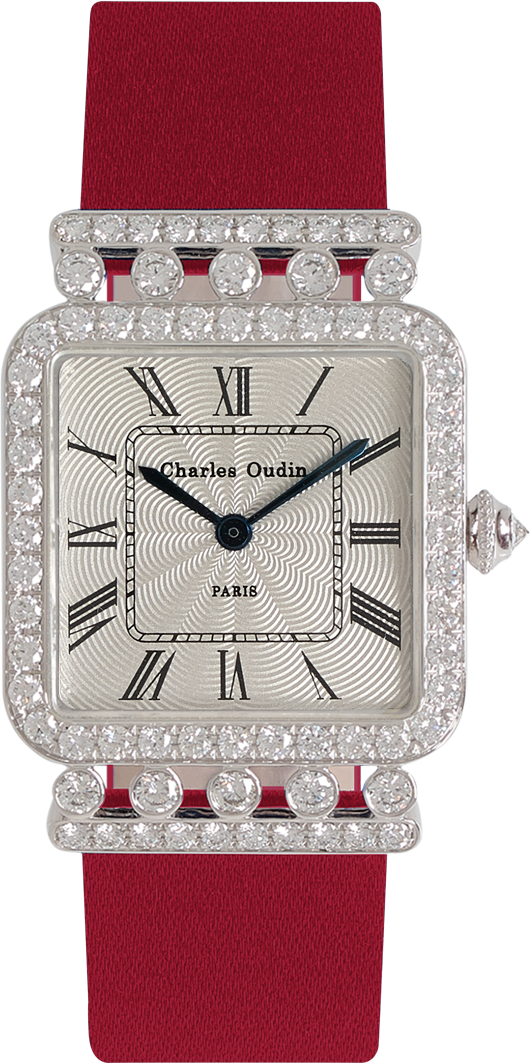 Charles Oudin Rose Retro watch 18K rose gold diamonds, Red Satin strap