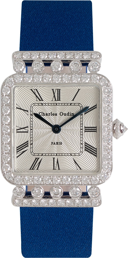 Charles Oudin Rose Retro 18K white gold diamond watch, Royal Satin strap