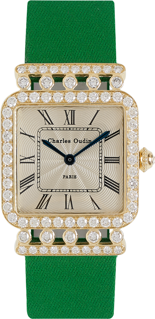 Charles Oudin Rose Retro 18K yellow gold diamond watch, Emerald Satin strap