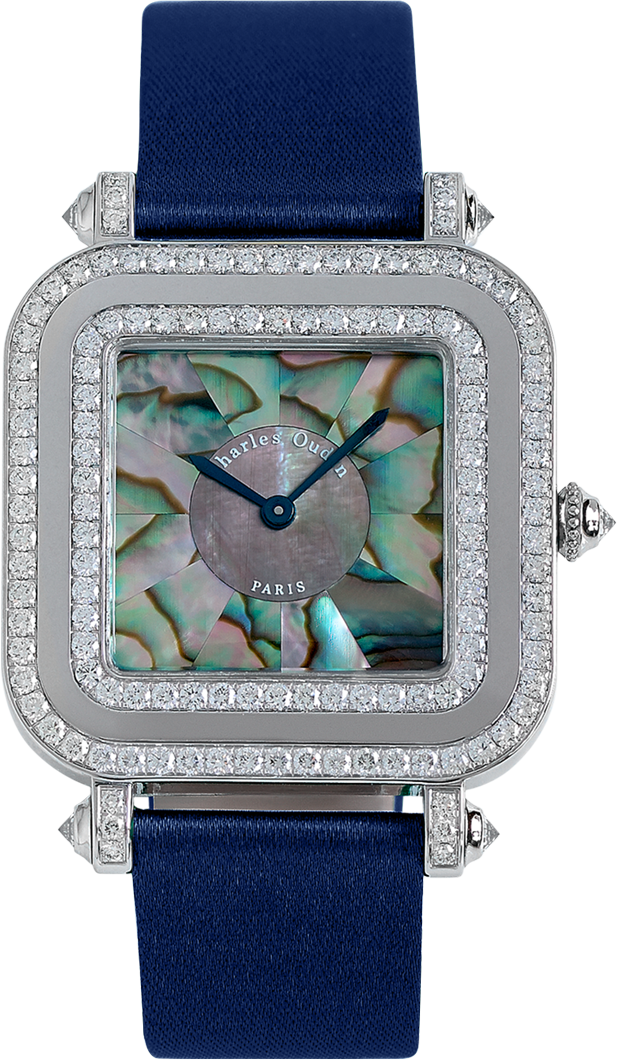 30mm Pansy Miroir watch in 18K white gold set with diamonds, mother of pearl marquetry dial, blue satin strap by Charles Oudin Paris 8 place Vendome