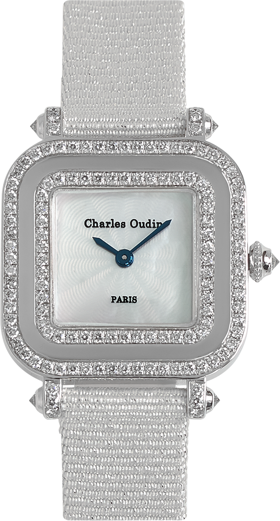Chic and timeless, PANSY Miroir diamond watch white grosgrain glitter strap by Charles Oudin Paris 8 place Vendôme Parisian watchmaker since 1797
