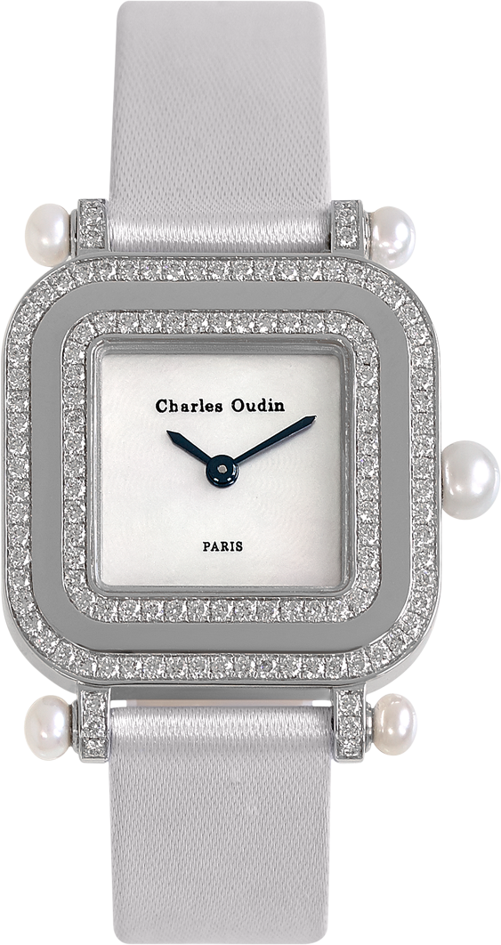Chic and timeless, PANSY Miroir diamond and pearls watch, mother-of-pearl dial, white grosgrain glitter strap by Charles Oudin Paris 8 place Vendôme Parisian watchmaker since 1797