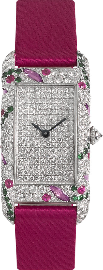 18K white gold rectangular shape watch set with precious stones diamonds, tsavorites, pink sapphires & rubis, diamond dial fuschia satin strap signed Charles Oudin Paris