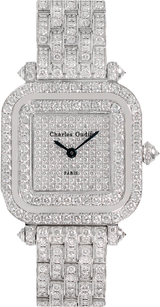 Charles Oudin Full diamond Mini Pansy Retro , an 18K white gold square watch set with natural diamonds, diamond dial