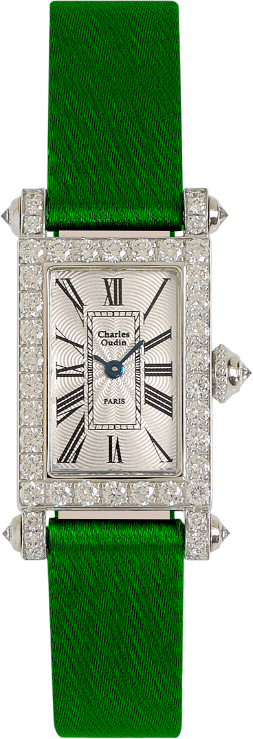 Charles Oudin Lily Retro Mini size 18K white gold rectangular women luxury watch set with sparkling diamonds, green satin strap