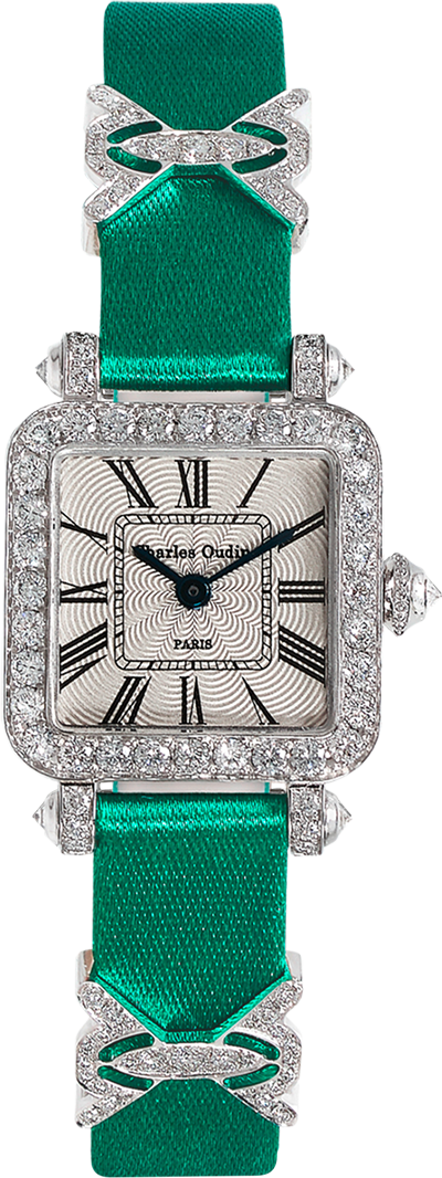 Mini Pansy Retro women luxury watch in 18K white gold set with diamonds, 20mm guilloche dial, green satin strap and jewellery elements by Charles Oudin Paris 8 place Vendome