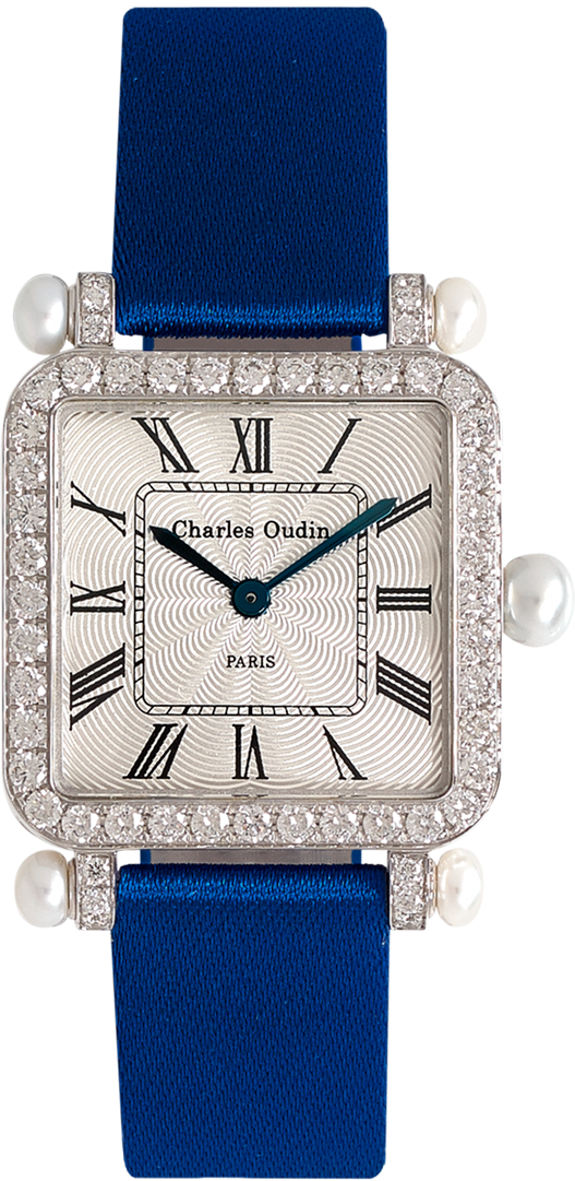 Pansy Retro with pearls watch in 18K white gold set with diamonds, guilloche dial, roman numeral by Charles Oudin Paris 8 place Vendome