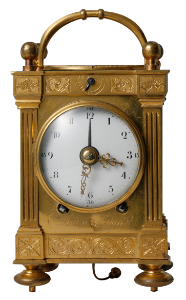 Carriage clock by Charles Oudin Paris Early quarter-repeating pendulette d’officier with pull-wind alarm and chronometer escapement, signed "Oudin à Sedan" Circa 1790.