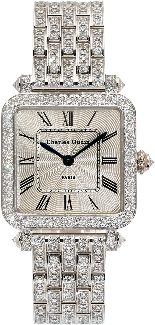 high-end jewelry watch for women Full Pansy Retro watch in 18K white gold set with diamonds, guilloche dial, by Charles Oudin Paris 8 place Vendôme